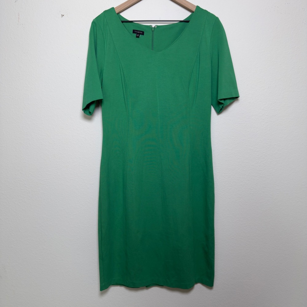 Talbots Women Sheath Dress 12 Green‎ Short Sleeve Scoop Neck Preppy Office